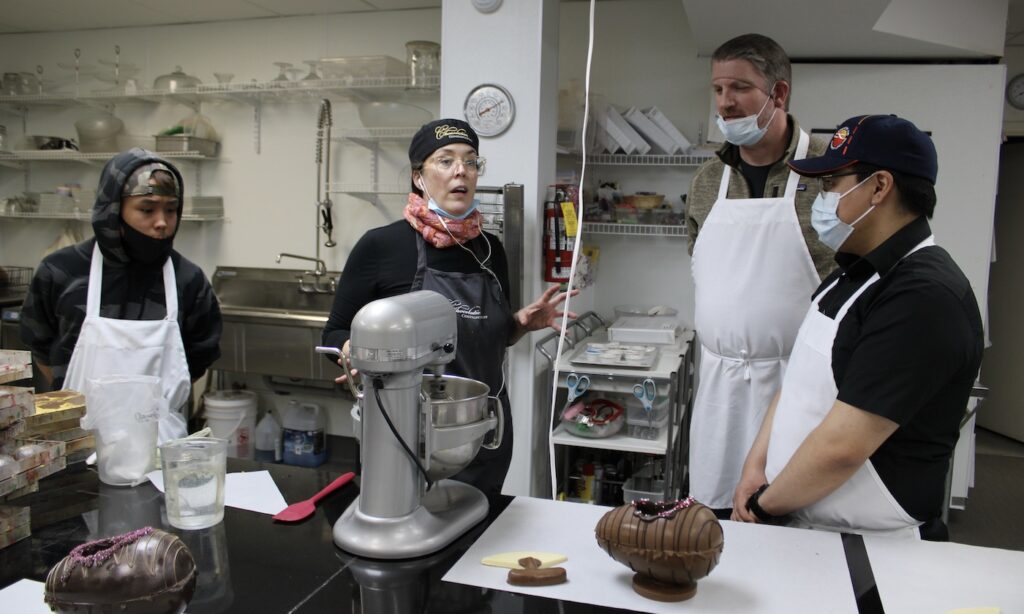 @1860 Arts incubator founding member Tony Eetak joins Constance Menzies (Chocolatier Constance Popp), Dr. Olaf Kuhlke (Minneapolis College of Art and Design) for an arts and entrepreneurship workshop funded by the Digital Greenhouse. Photo: Jamie Bell