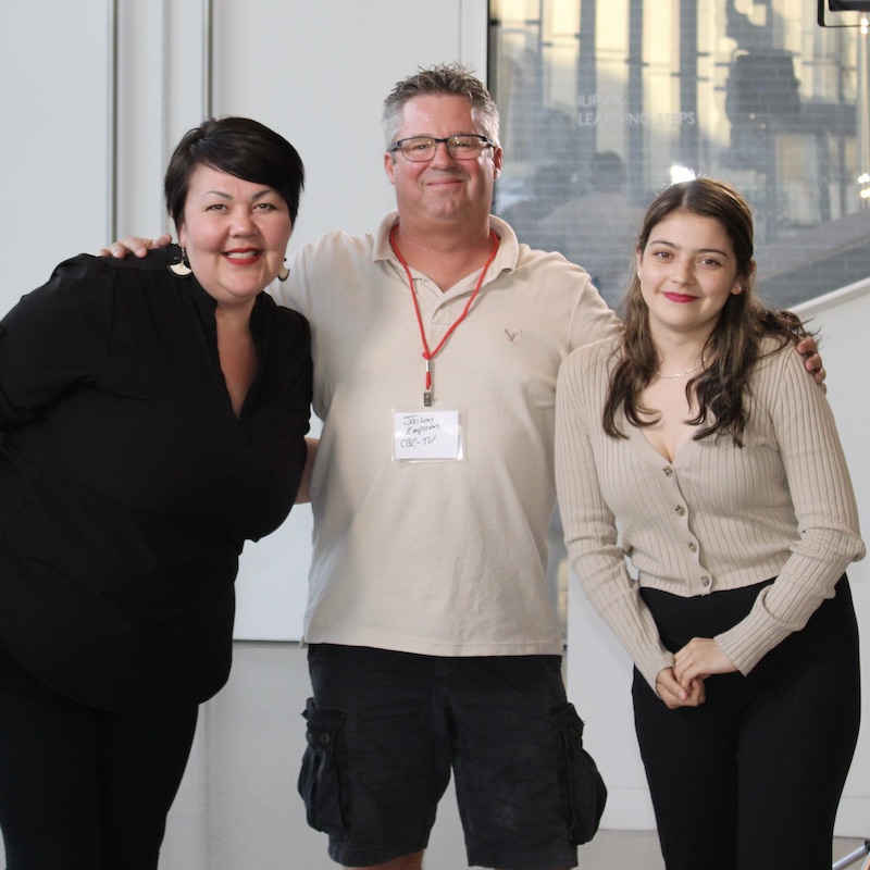 Former Arviat Film Society member and CBC North producer Pauline Pemik, Jaysen Empson and Eriel Lugt at the Auviqsaqtut Inuit Studies Conference at Qaumajuq. Photo: Tony Eetak, @1860 Winnipeg Arts.