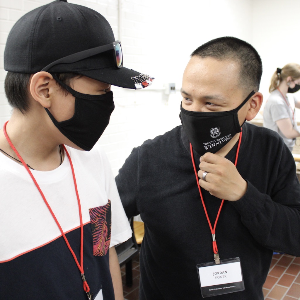 @1860 Winnipeg Arts incubator founding member Tony Eetak, meets fellow Arviat Film Society Member Jordan Konek, from the original Nanisiniq Arviat History Project. Nanisiniq was a precursor project to this program. Photo: Jamie Bell